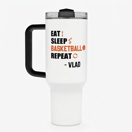 Thermosbeker met handvat en rietje, gepersonaliseerd met naam - Basketbal