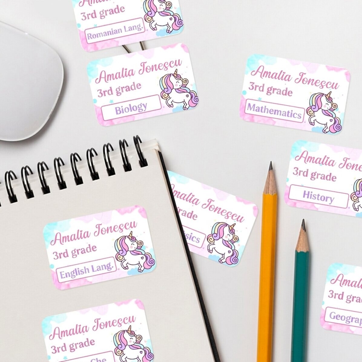 Set van 8 gepersonaliseerde stickers (zelfklevende etiketten) voor school - Eenhoorn