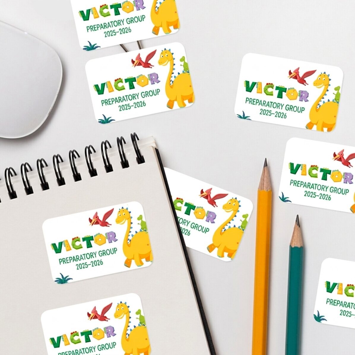 Set van 8 gepersonaliseerde stickers (zelfklevende etiketten) voor school - Dino