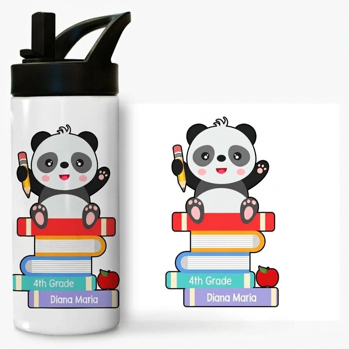 Thermosfles met handvat en rietje, gepersonaliseerd met een boodschap - Cute Panda