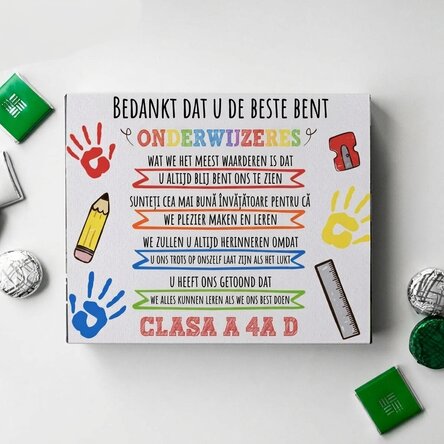 Gepersonaliseerde doos snoepjes met een boodschap voor de lerares