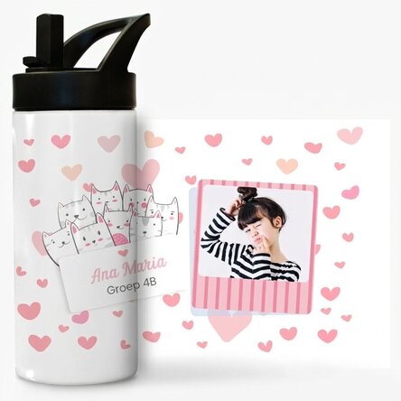 Thermosfles met handvat en rietje, gepersonaliseerd met naam en foto - Kitty