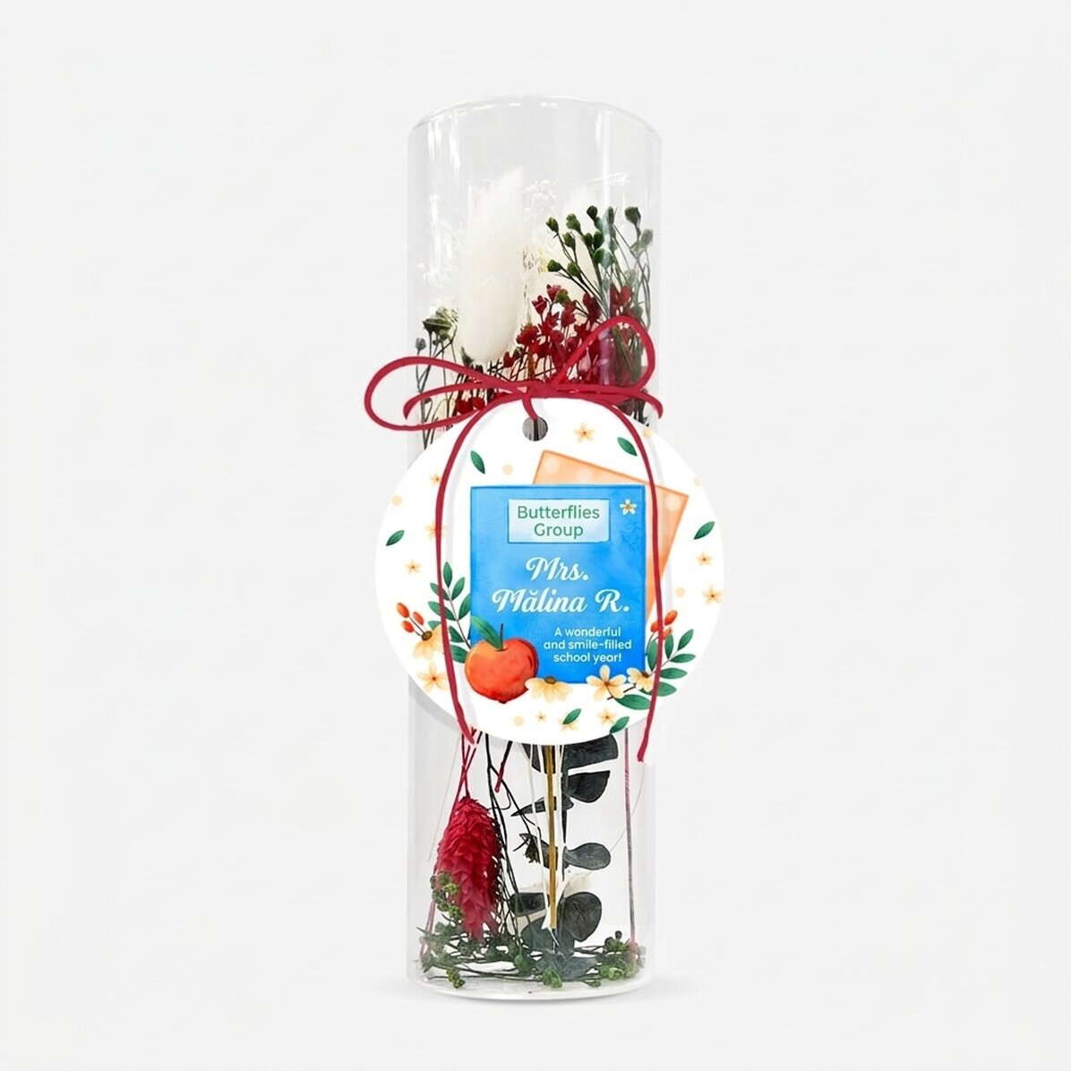 Glasornament met geconserveerde bloemen, gepersonaliseerd met een boodschap voor leraren