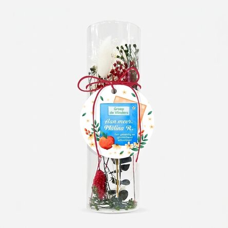Glasornament met geconserveerde bloemen, gepersonaliseerd met een boodschap voor leraren