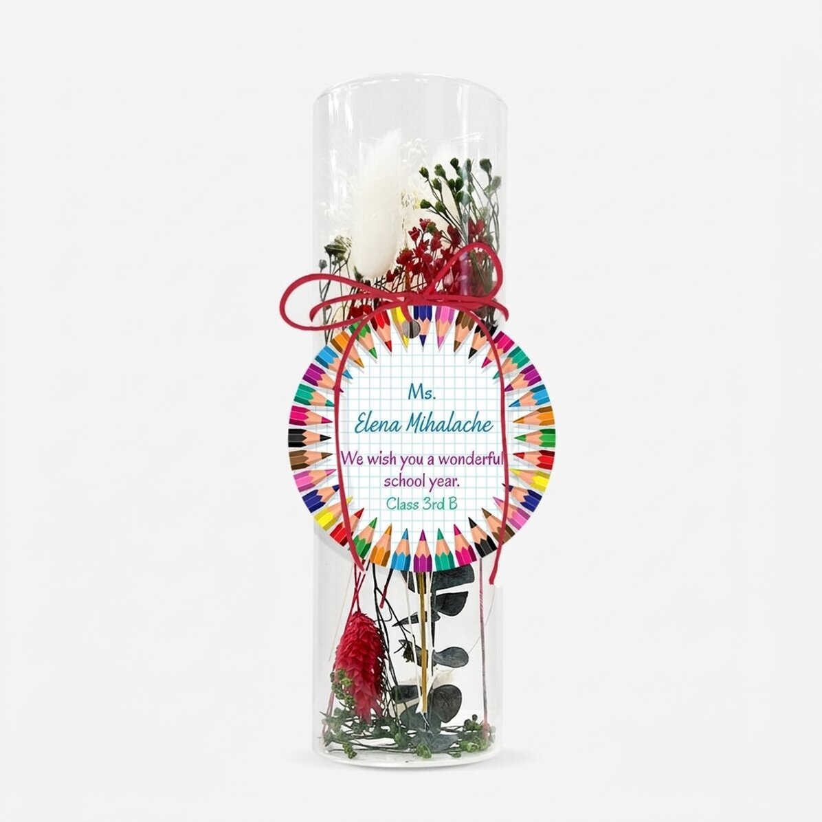 Glasornament met geconserveerde bloemen, gepersonaliseerd met een boodschap voor leraren - Back to s