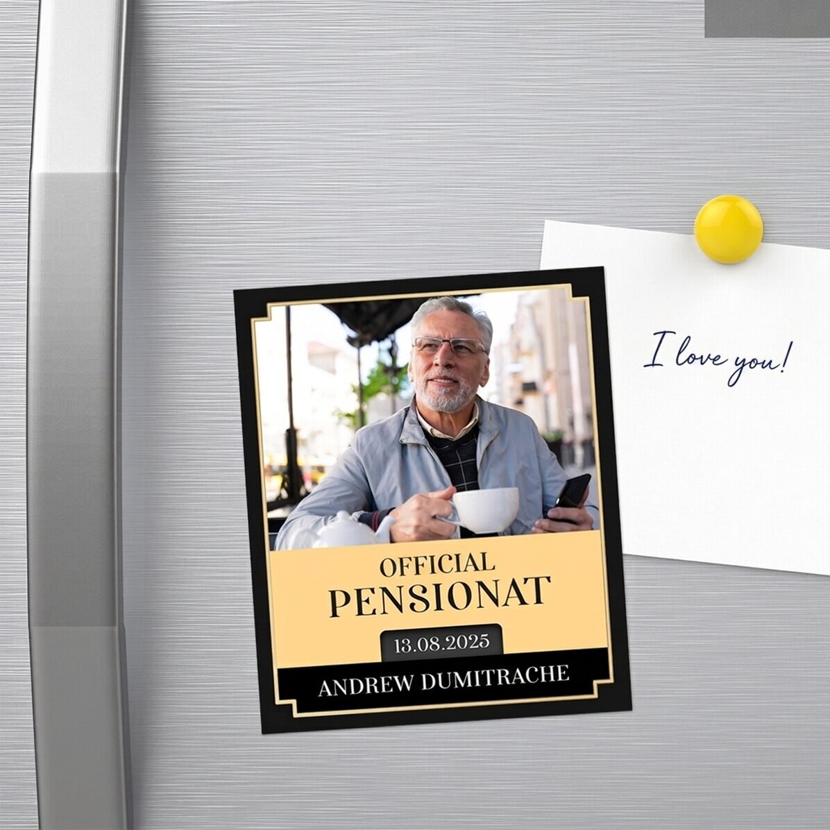 Gepersonaliseerde magneet van 10 x 12 cm met een foto en een boodschap – Pensioen