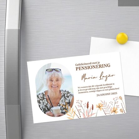 Magnet van 15 x 10 cm, gepersonaliseerd met een foto en tekst – Pensioen