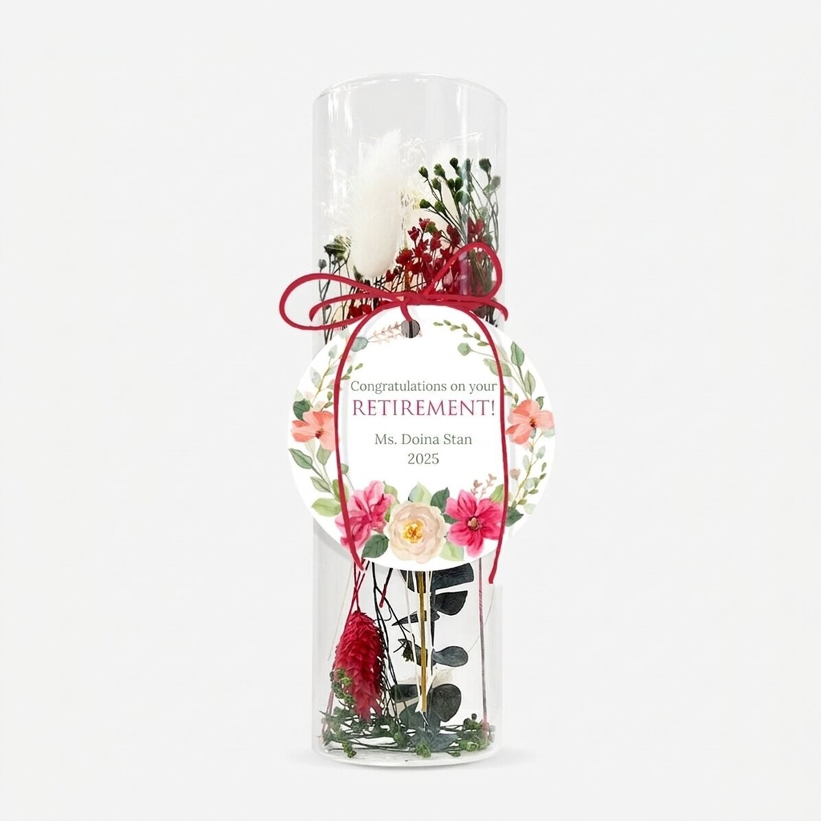 Glasornament met geconserveerde bloemen, gepersonaliseerd met tekst - Pensioen