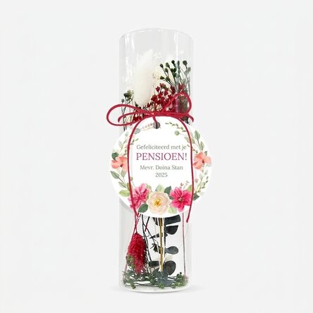 Glasornament met geconserveerde bloemen, gepersonaliseerd met tekst - Pensioen