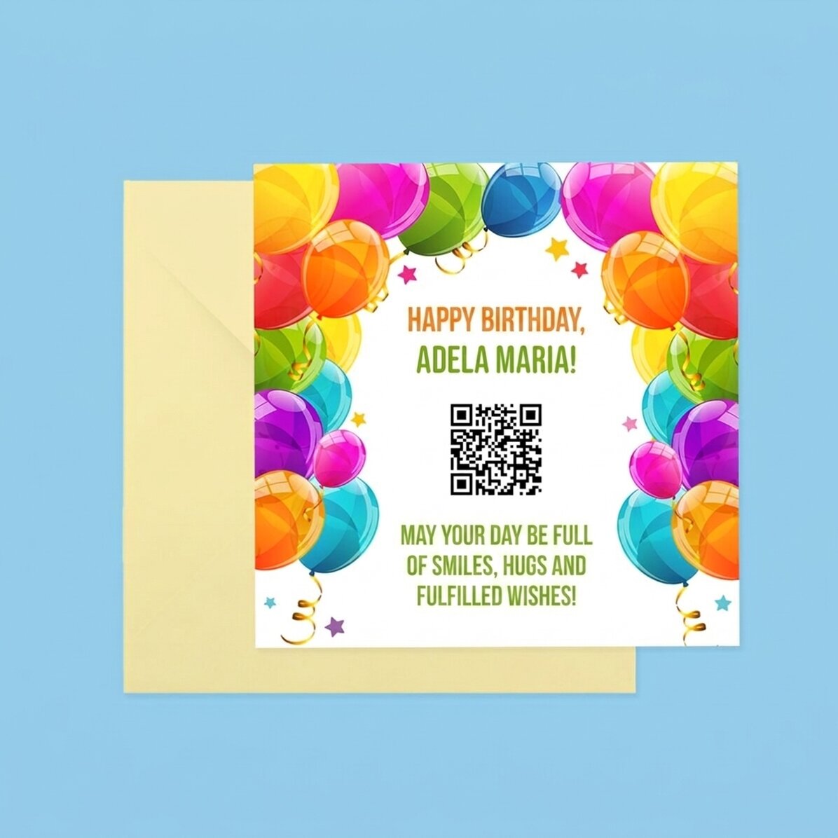 Gepersonaliseerde vierkante kaart met tekst en QR-code - Van harte gefeliciteerd!