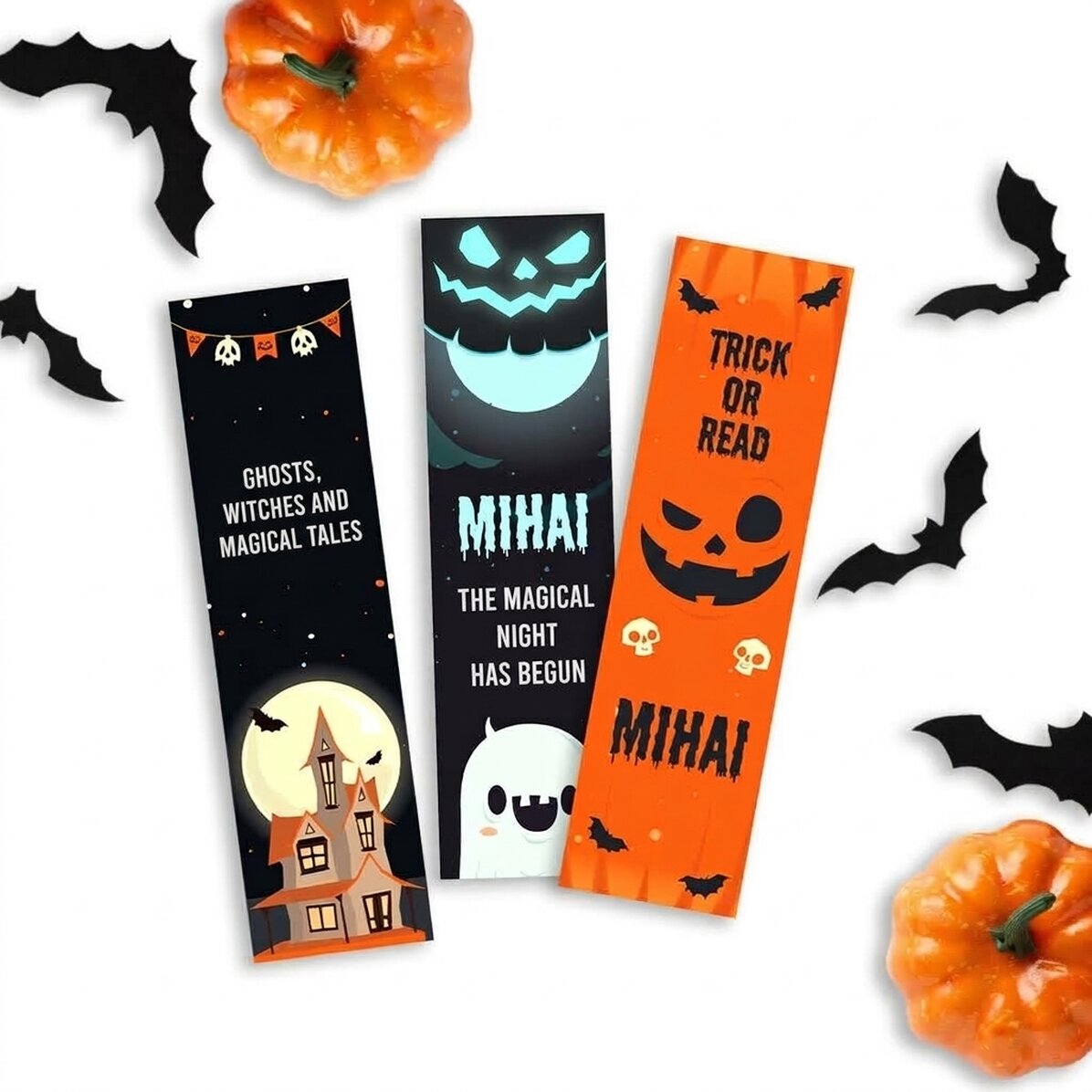 Set van 3 gepersonaliseerde boekenleggers met tekst - Trick or read