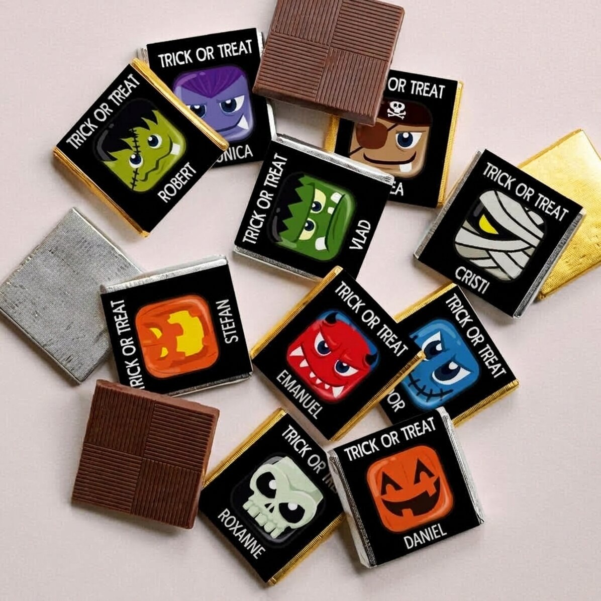 Set van 10 gepersonaliseerde minichocolade met tekst - Trick or Treat