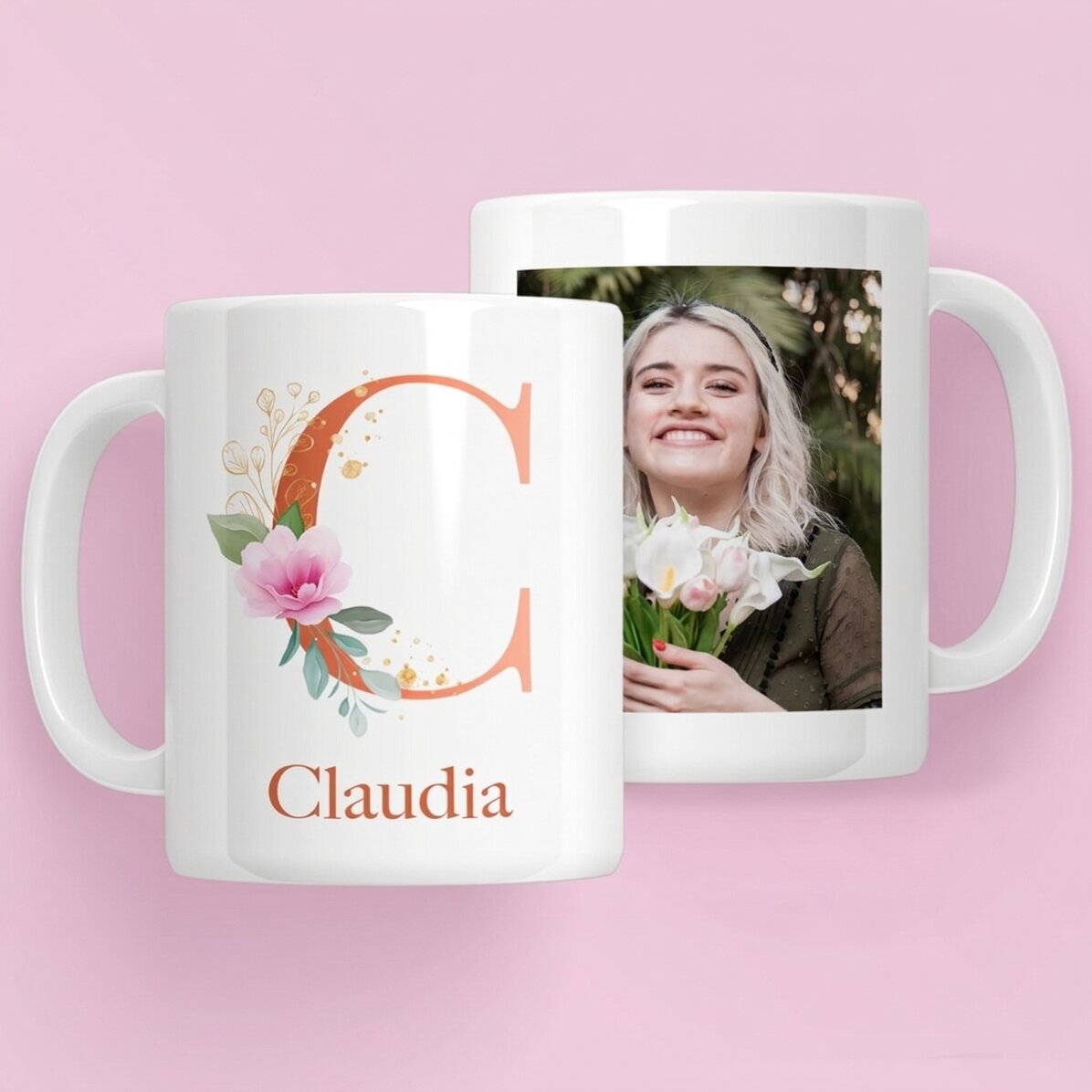 Gepersonaliseerde mok met initiaal, naam en foto