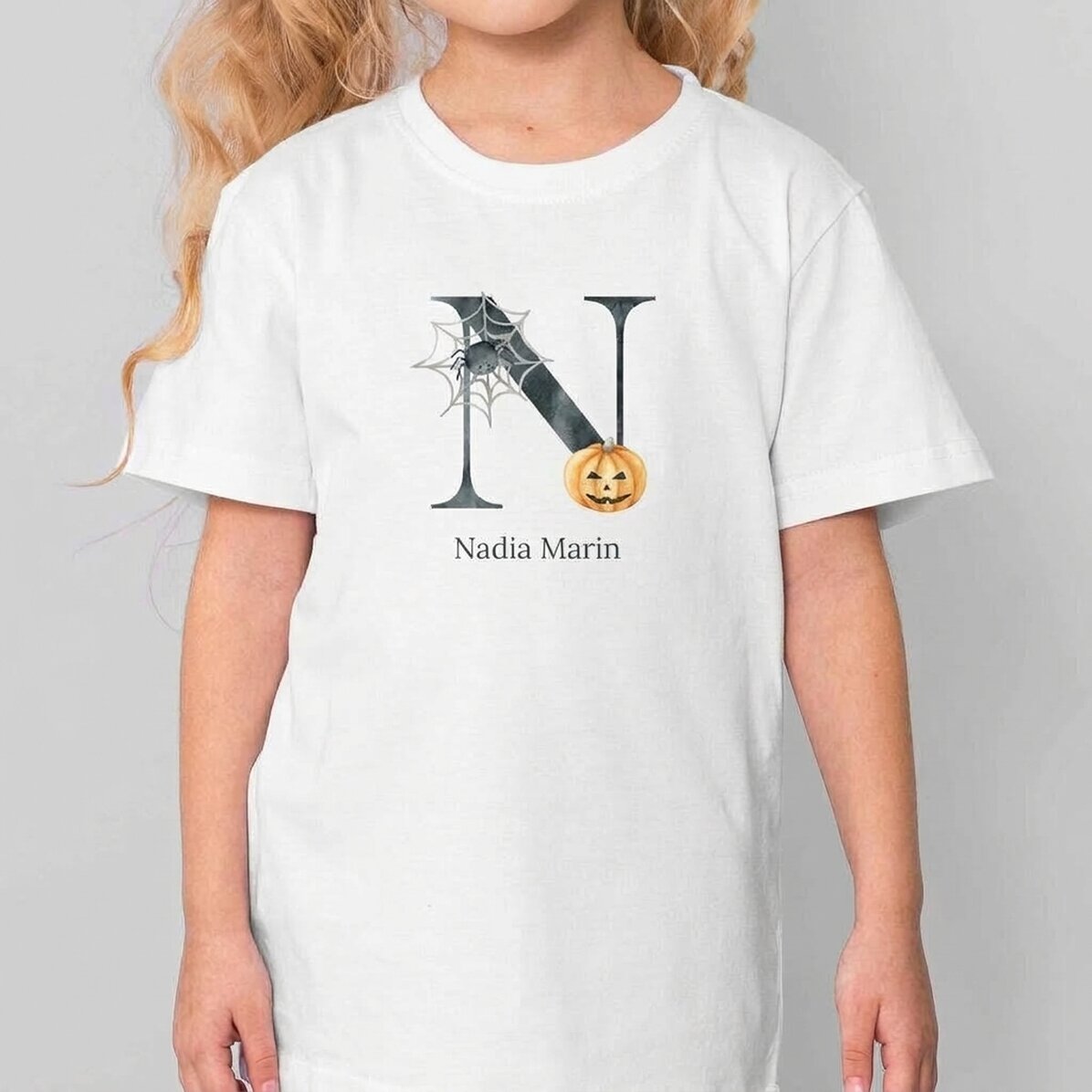 Katoenen T-shirt voor kinderen, gepersonaliseerd met naam en initiaal - Halloween