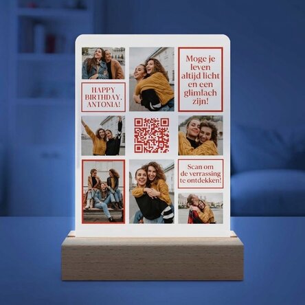 Gepersonaliseerde LED-nachtlampje met 7 foto's, een boodschap en een QR-code - Van harte gefelicitee