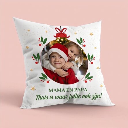 Gepersonaliseerd kussen met een foto en tekst - Thuis met Kerstmis