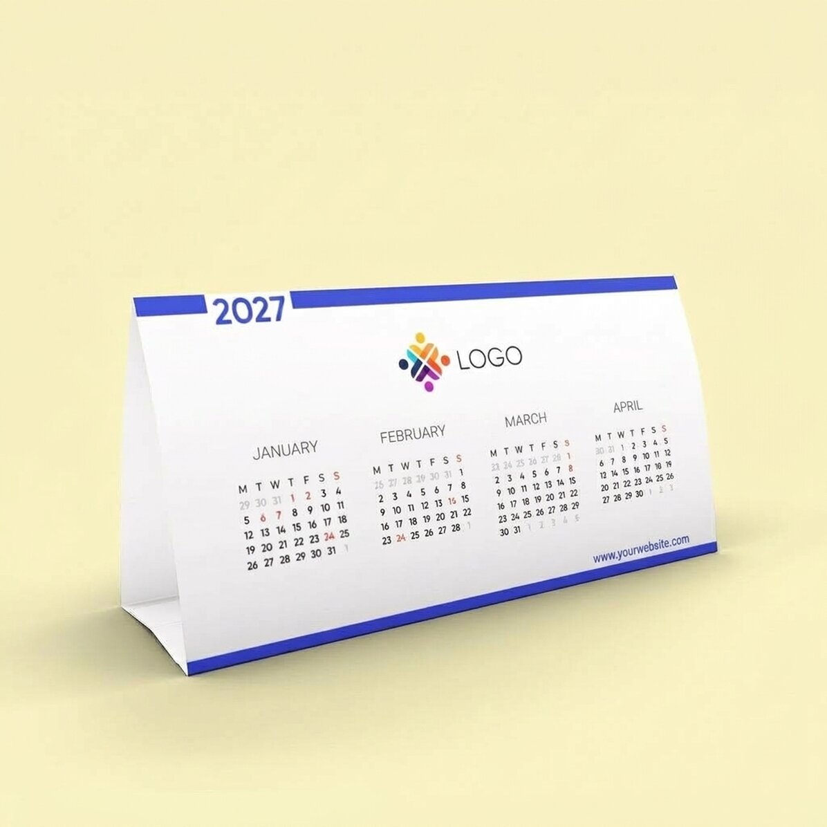 Gepersonaliseerde bureaukalender met logo en boodschap