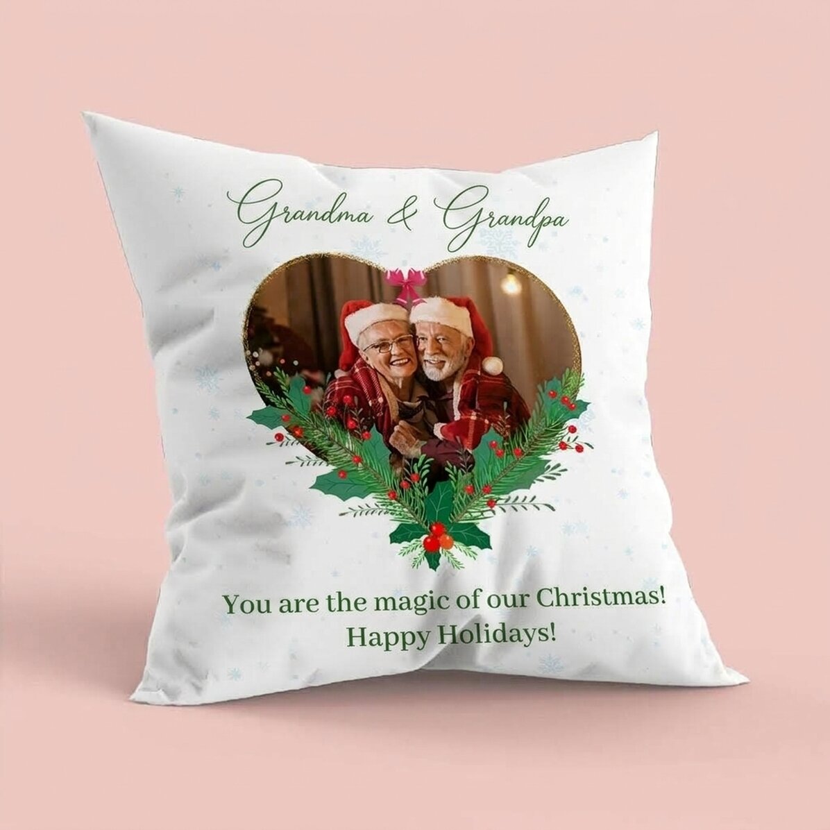 Gepersonaliseerd kussen met een foto en een boodschap - De magie van Kerstmis