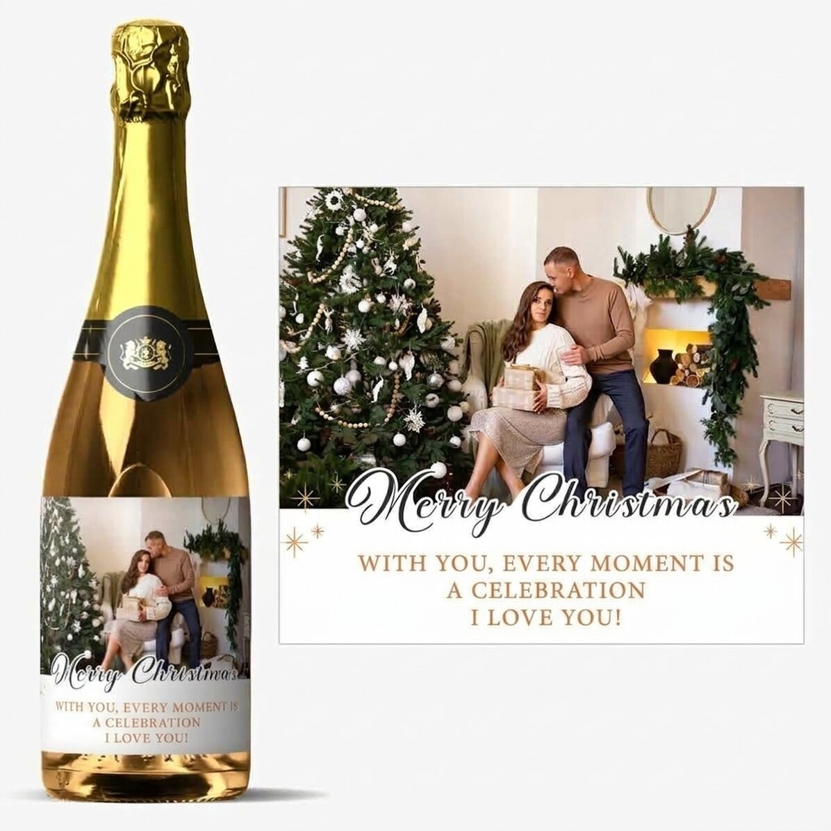 Mousserende wijn met persoonlijke tekst en foto - Merry Christmas