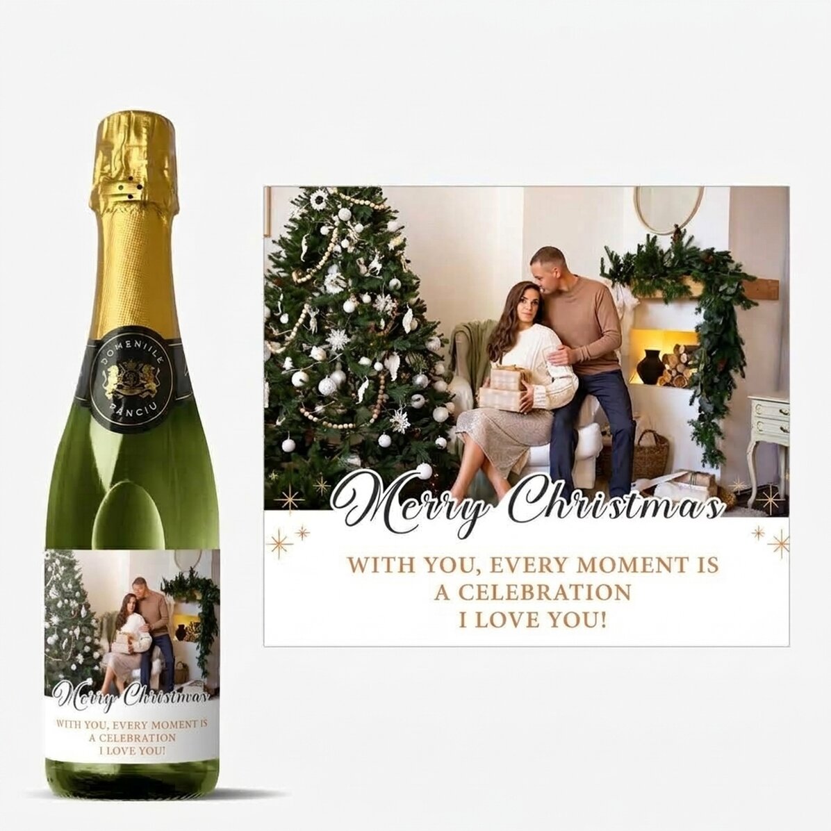 Een middelgroot glas mousserende wijn, gepersonaliseerd met tekst en een foto - Merry Christmas