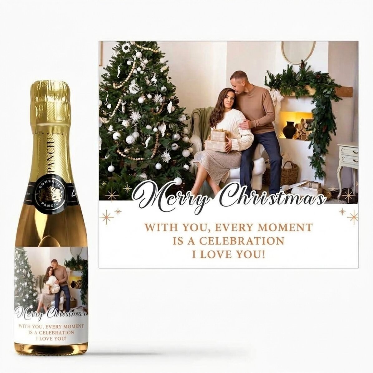 Mini-flesje mousserende wijn, gepersonaliseerd met tekst en een foto - Merry Christmas