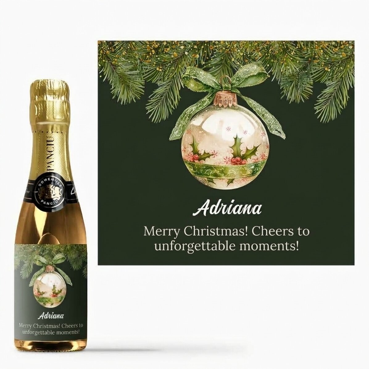 Mini-flesje mousserende wijn, gepersonaliseerd met tekst - Kerstbal