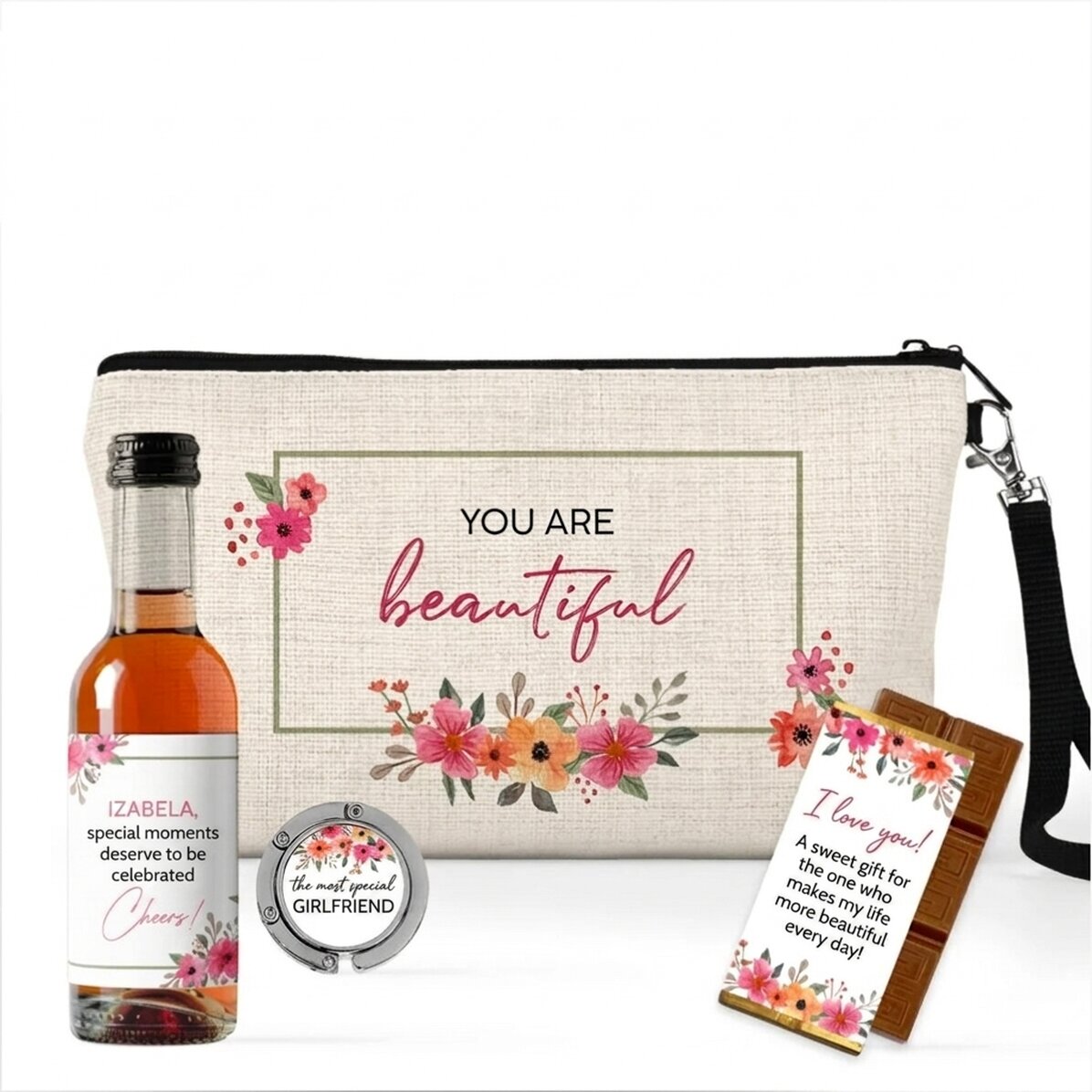 Cadeauset met een gepersonaliseerd mini-flesje wijn voor haar