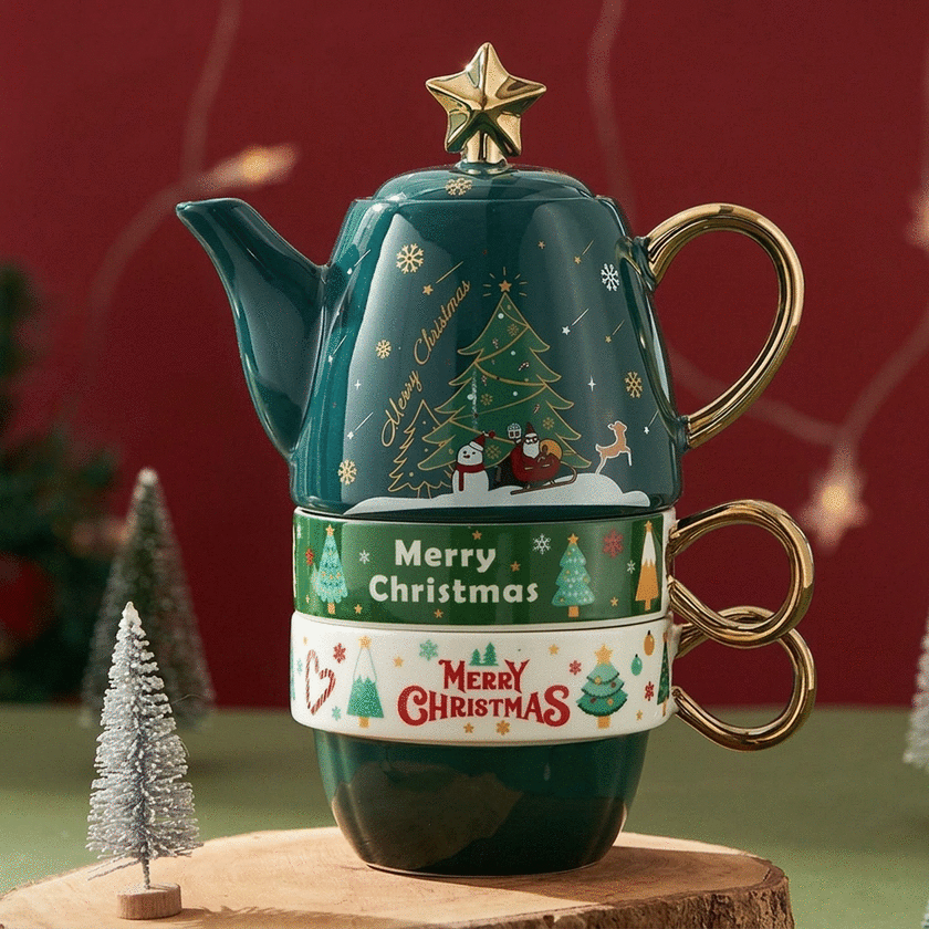 Kerstcadeauset met 2 mokken en een theepot
