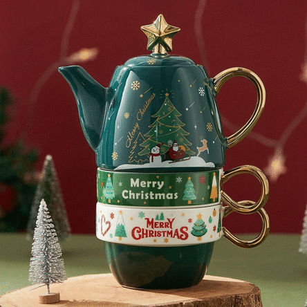 Kerstcadeauset met 2 mokken en een theepot
