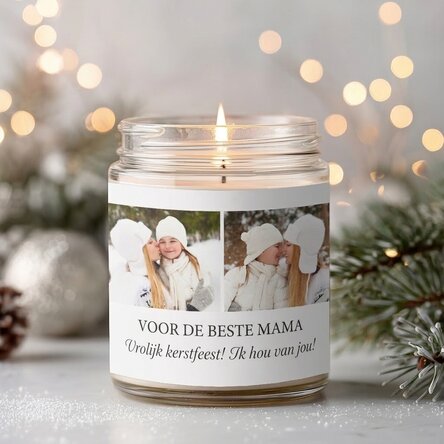 Grote gepersonaliseerde geurkaars met 2 foto’s en tekst