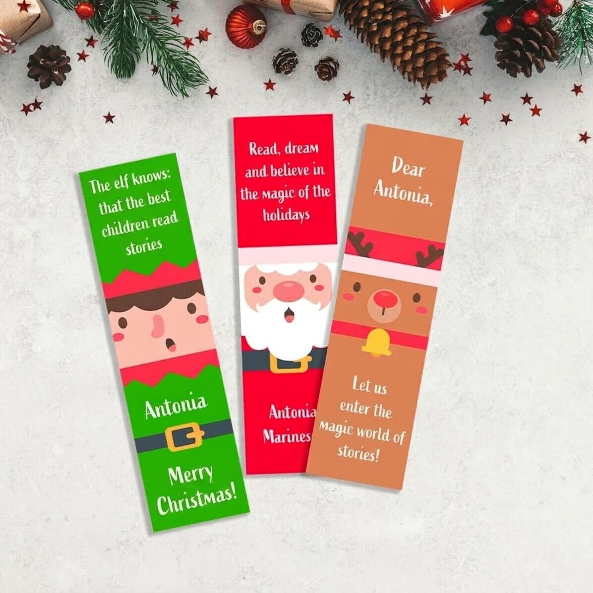 Set van 3 gepersonaliseerde boekenleggers met tekst - Kerstfiguren