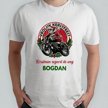 Katoenen T-shirt met gepersonaliseerde tekst - De motorrijdende kerstman