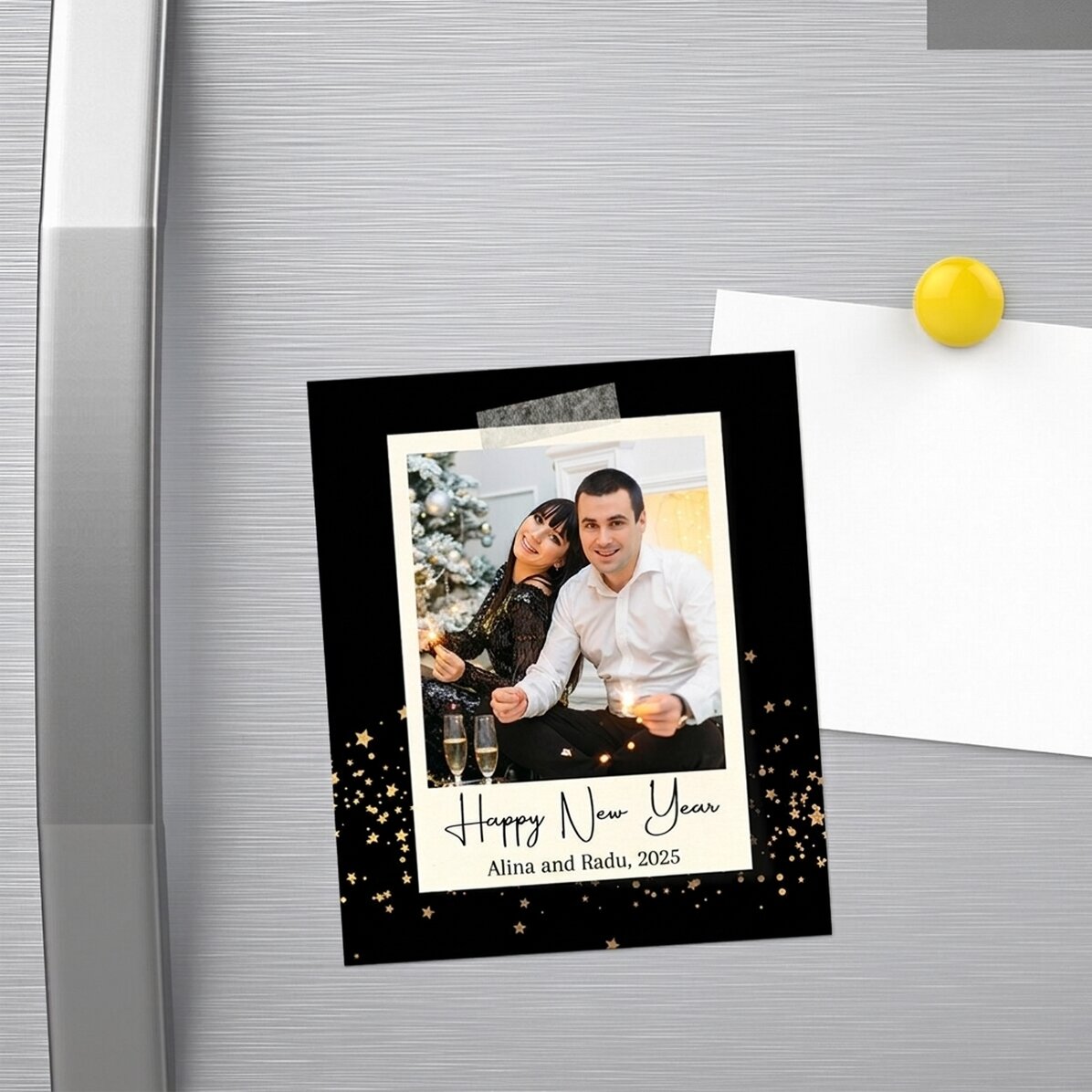Magnet van 10 x 12 cm, gepersonaliseerd met een foto en een boodschap – Gelukkig nieuwjaar