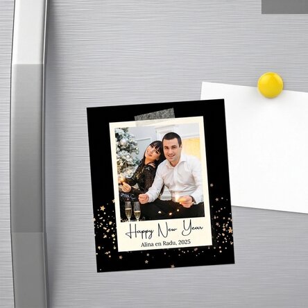 Magnet van 10 x 12 cm, gepersonaliseerd met een foto en een boodschap – Gelukkig nieuwjaar
