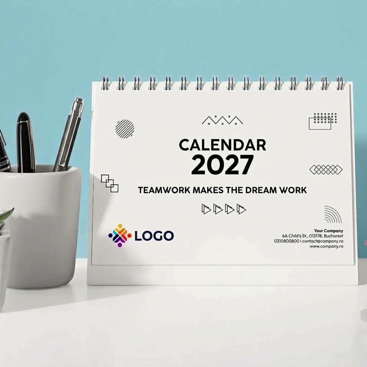Gepersonaliseerde bureaukalender met logo en tekst