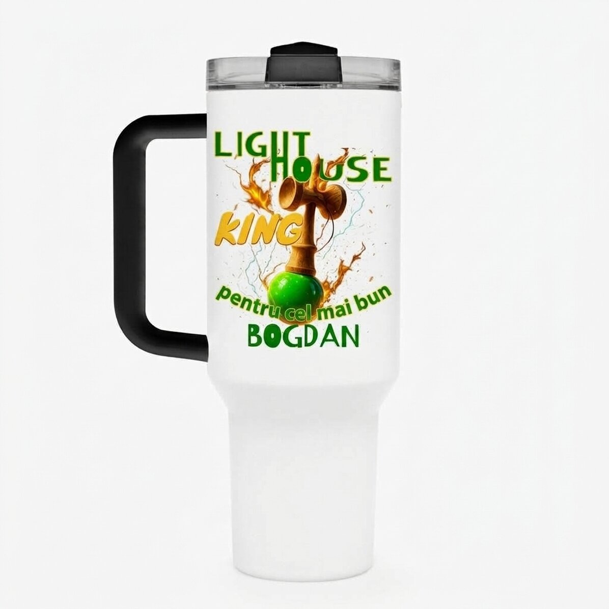 Thermosbeker met handvat en rietje, gepersonaliseerd met naam - Lighthouse King