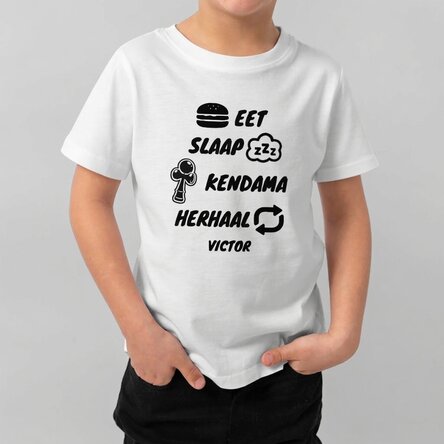 Katoenen T-shirt voor kinderen, gepersonaliseerd met de tekst: Eat, sleep, kendama, repeat