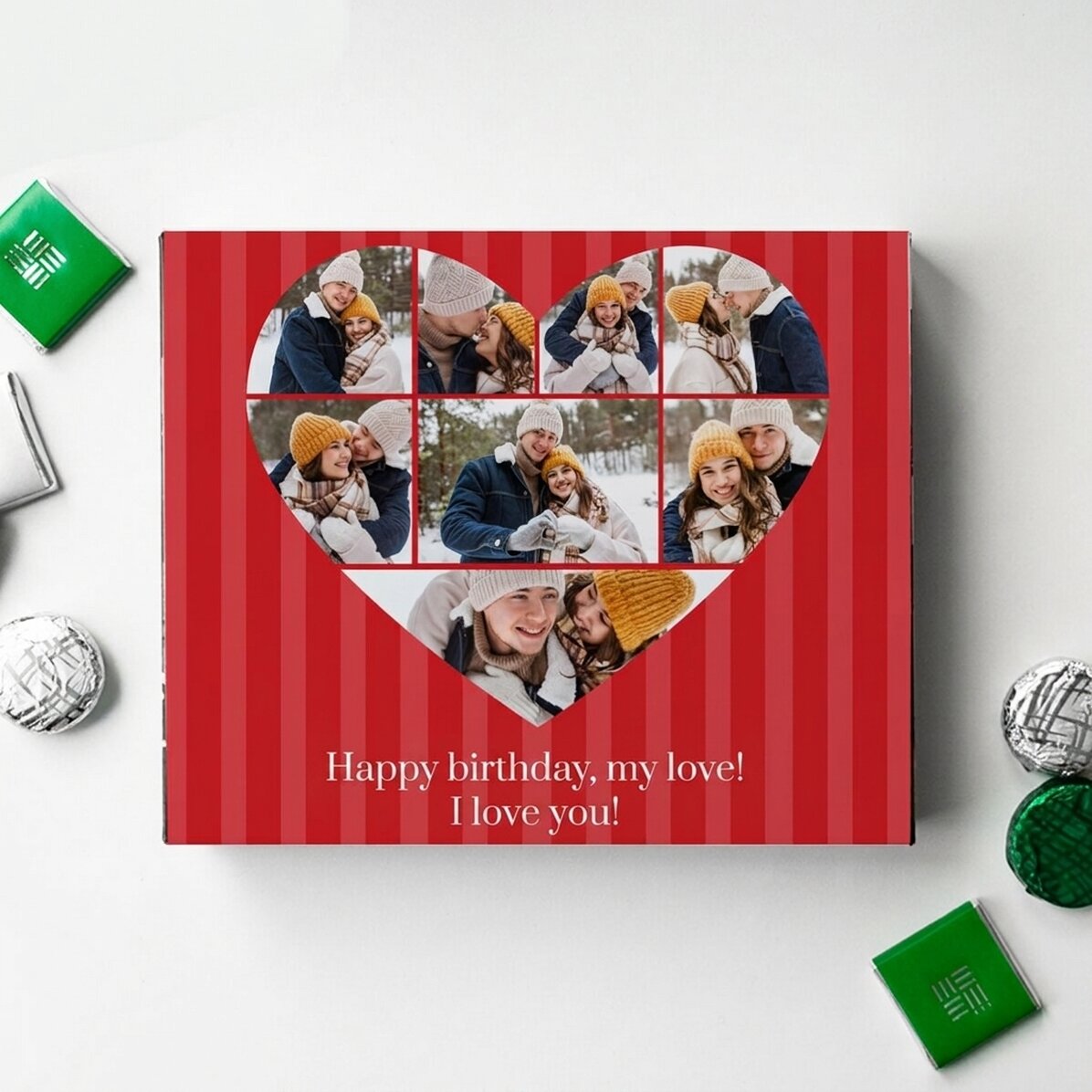 Gepersonaliseerde bonbondoos met 8 foto’s en een boodschap - Liefde
