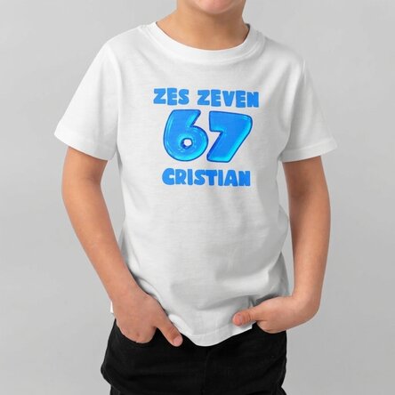 Katoenen T-shirt voor kinderen, gepersonaliseerd met tekst - 67 Six Seven