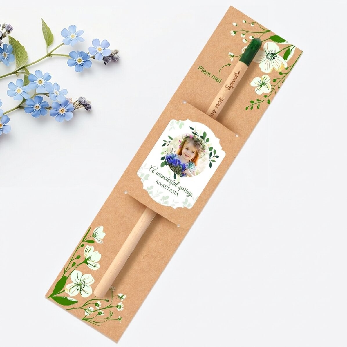 Gepersonaliseerd plantbaar potlood met foto en boodschap - Een prachtige lente