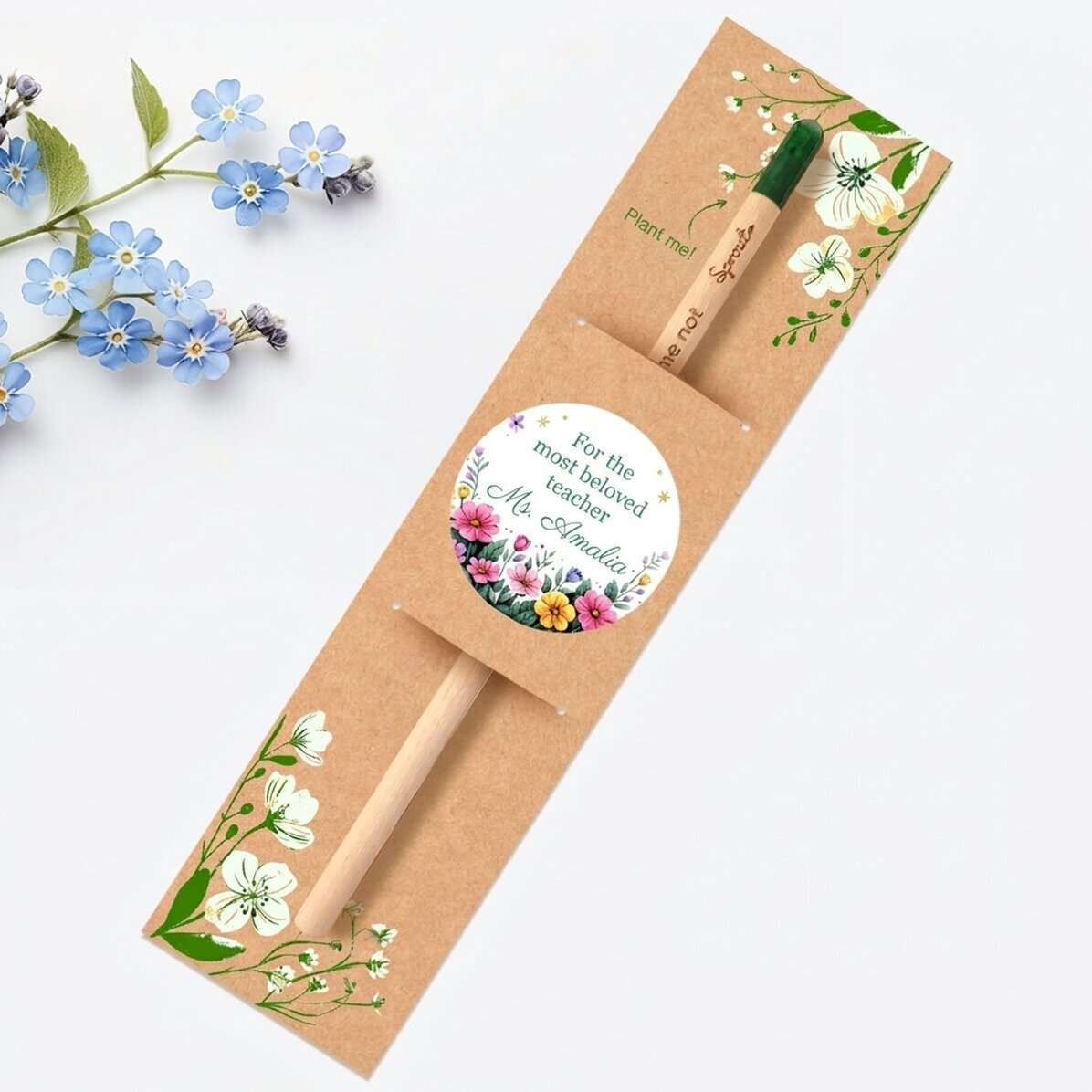 Gepersonaliseerd plantbaar potlood met boodschap - Bloemmotief