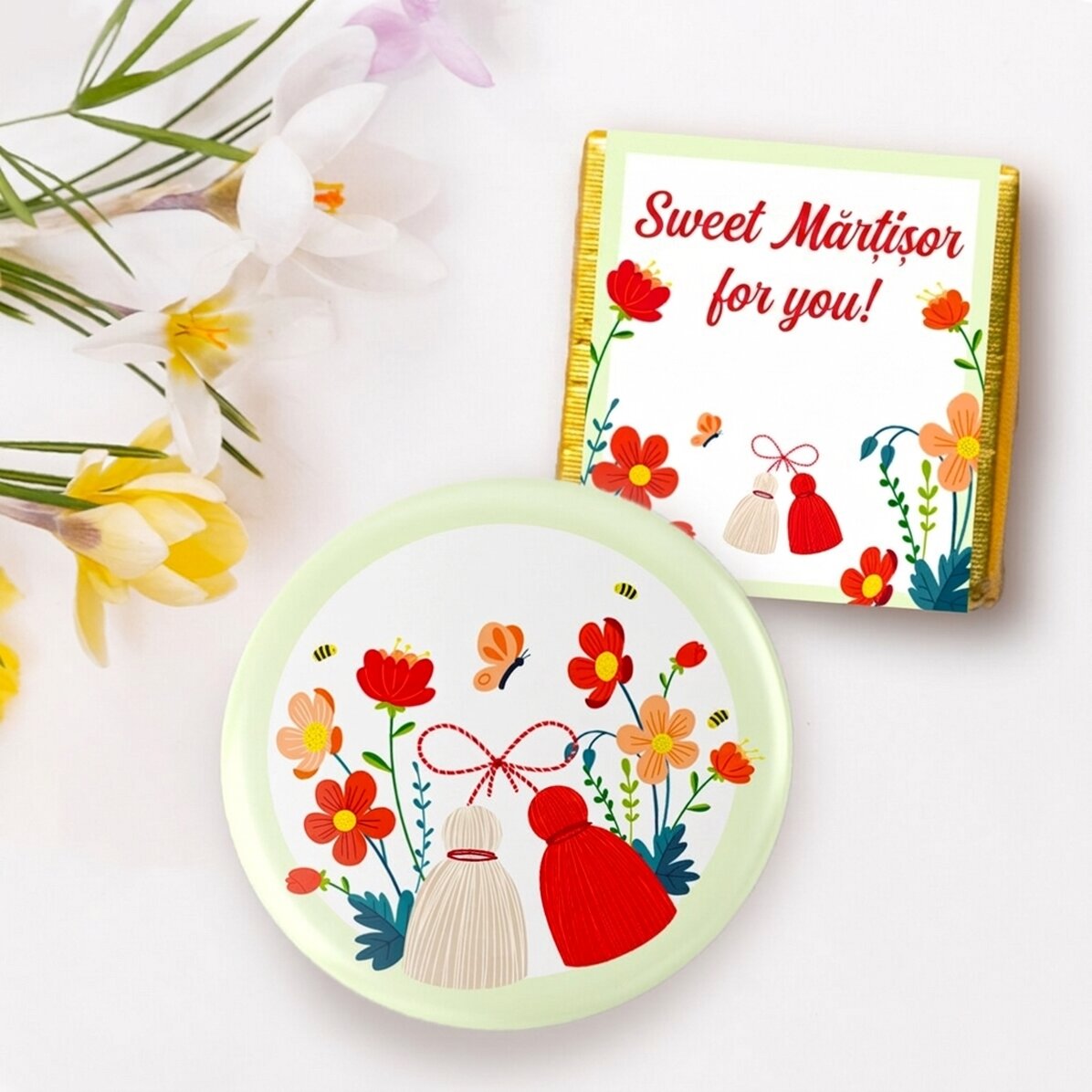 Martisor-cadeauset met mini-chocolade en een speldje