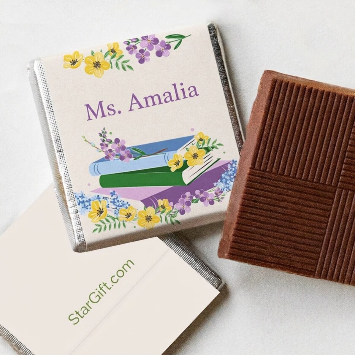 Gepersonaliseerde mini-chocolade met boodschap - Boeken en bloemen