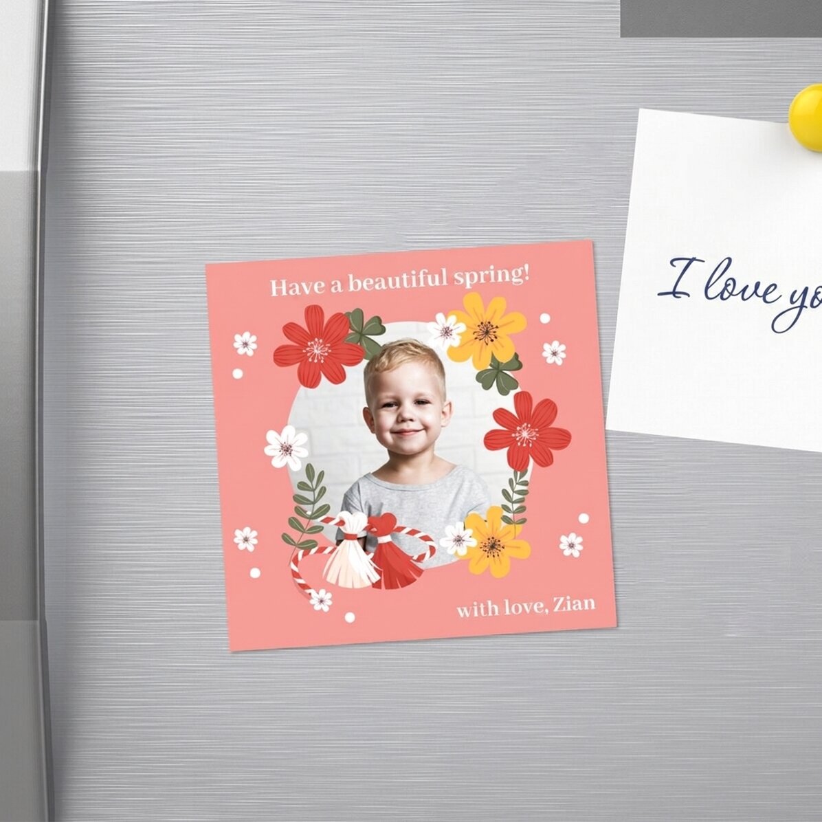 Gepersonaliseerde magneet van 10x10 met een foto en een boodschap - 1 maart