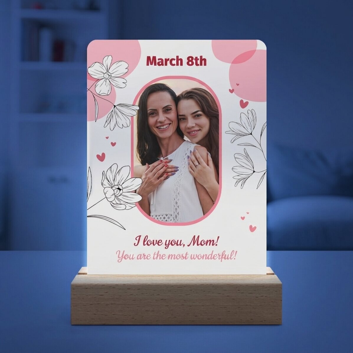 Gepersonaliseerde LED-nachtlamp met een foto en tekst - Floral