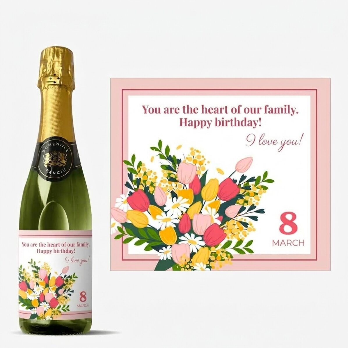 Middelgroot glas mousserende wijn, gepersonaliseerd met tekst - Bloemen