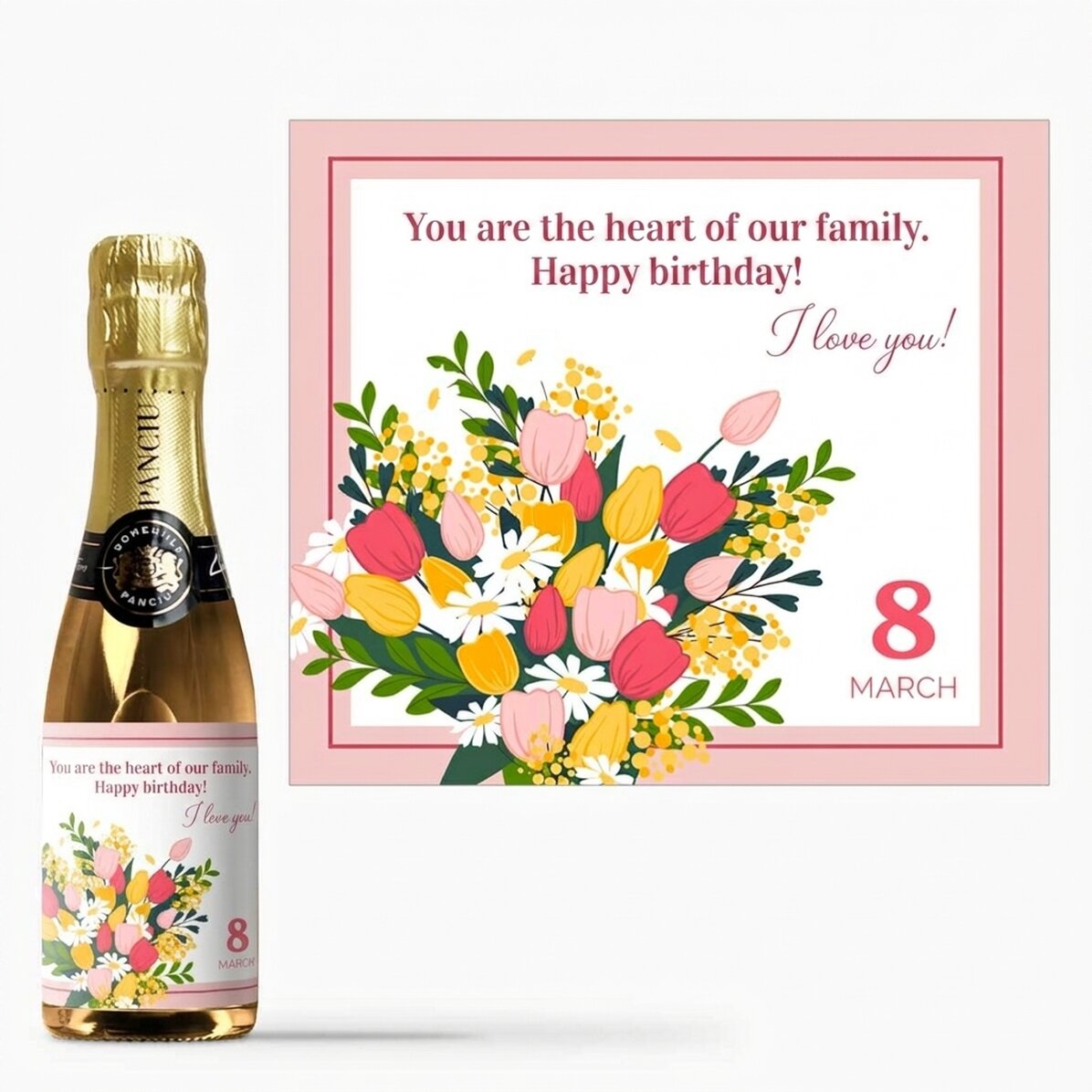 Mini-flesje mousserende wijn, gepersonaliseerd met tekst - Bloemen