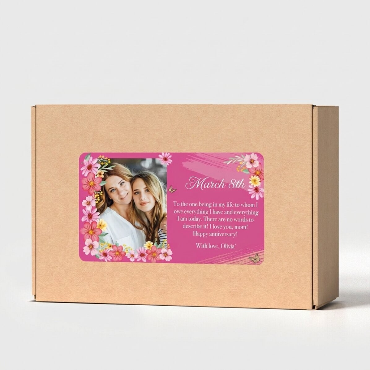 Gepersonaliseerde kraftdoos met sticker met foto en boodschap - Floral