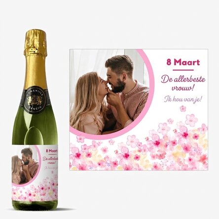 Middelgroot flesje mousserende wijn, gepersonaliseerd met tekst en foto - Bloemen