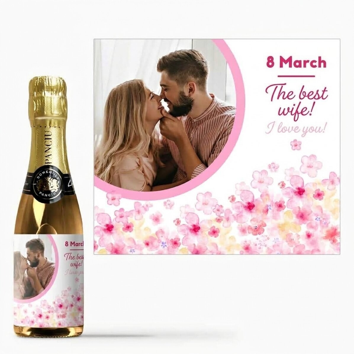 Mini-flesje mousserende wijn, gepersonaliseerd met tekst en foto - Bloemen